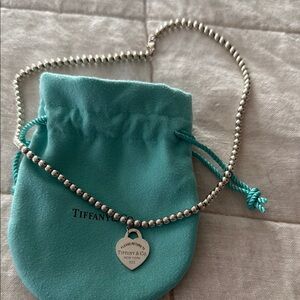 Tiffany & Co. Silver Bead Necklace with Heart Pendant. Authentic